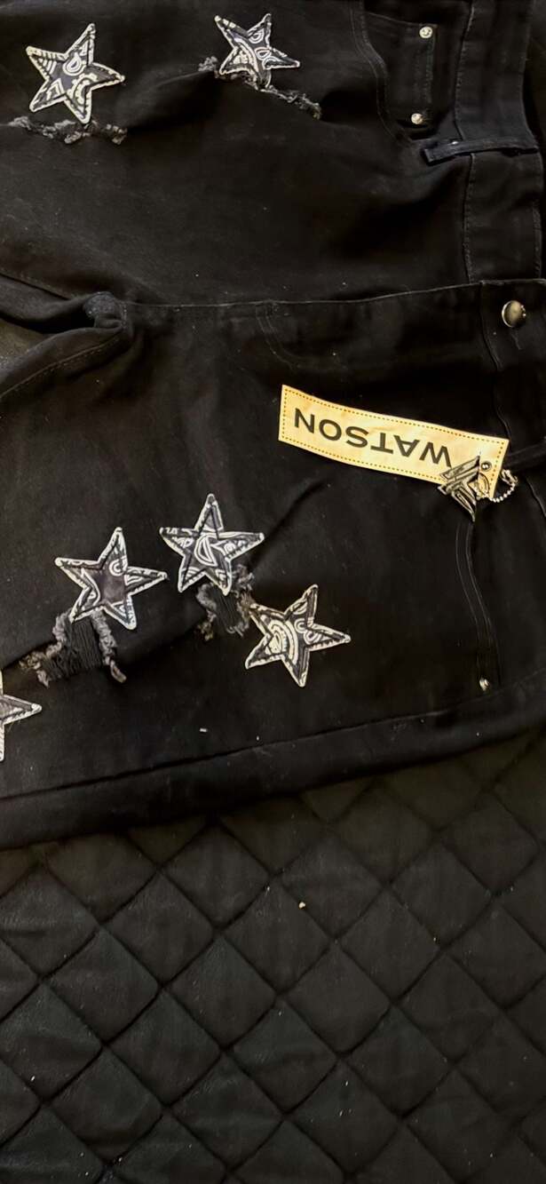 Watson Men's Distressed Black Denim Jeans with Paisley Star Patches